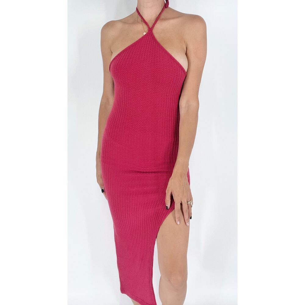 Women’s Hot Pink Halter Neck Bodycon Midi Dress with Side Slit Size XS